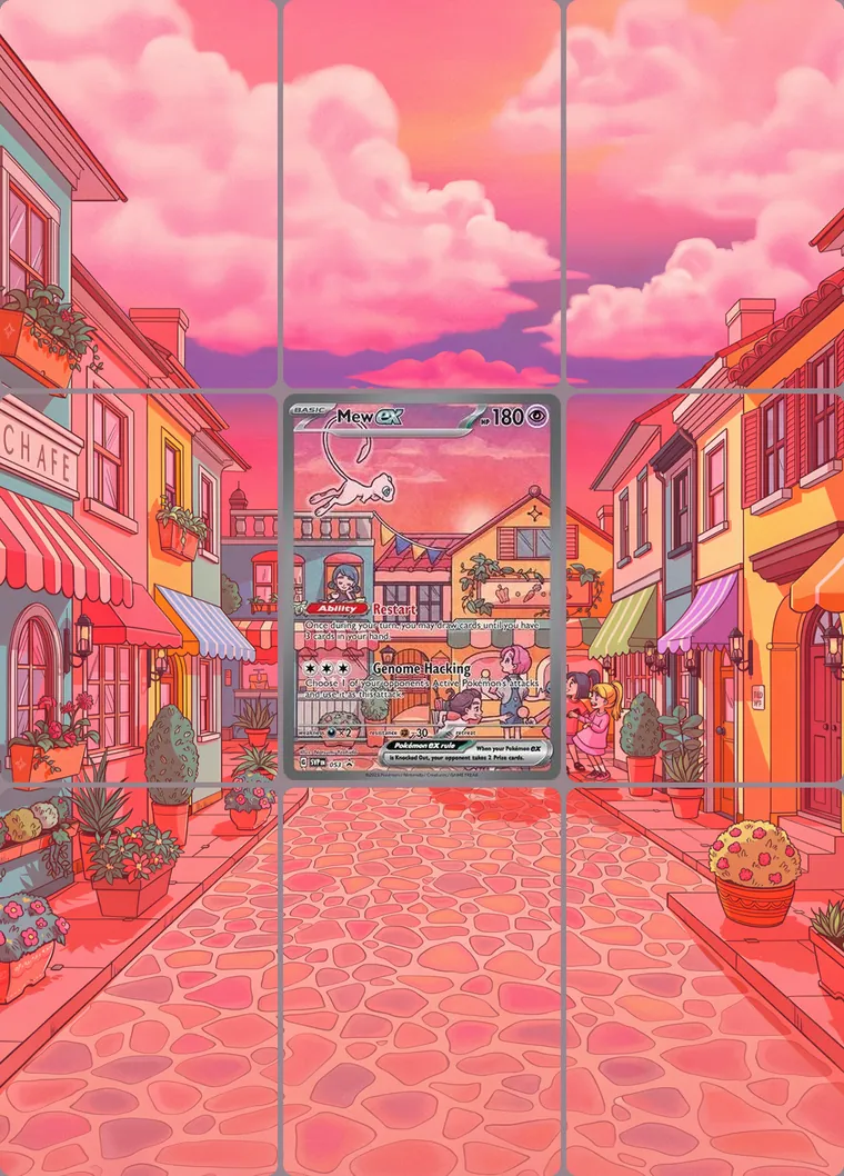 Mew ex 53/215 extended binder art: the card in the centre of a 3×3 binder page, its artwork continuing across the eight cards around it
