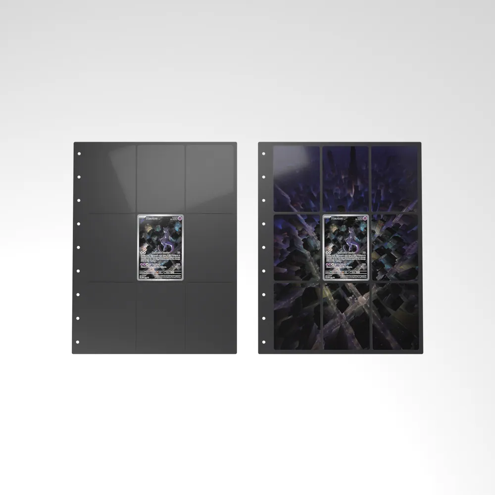 Before and after: the Mewtwo card alone in an empty binder page, then surrounded by its eight extended-art cards