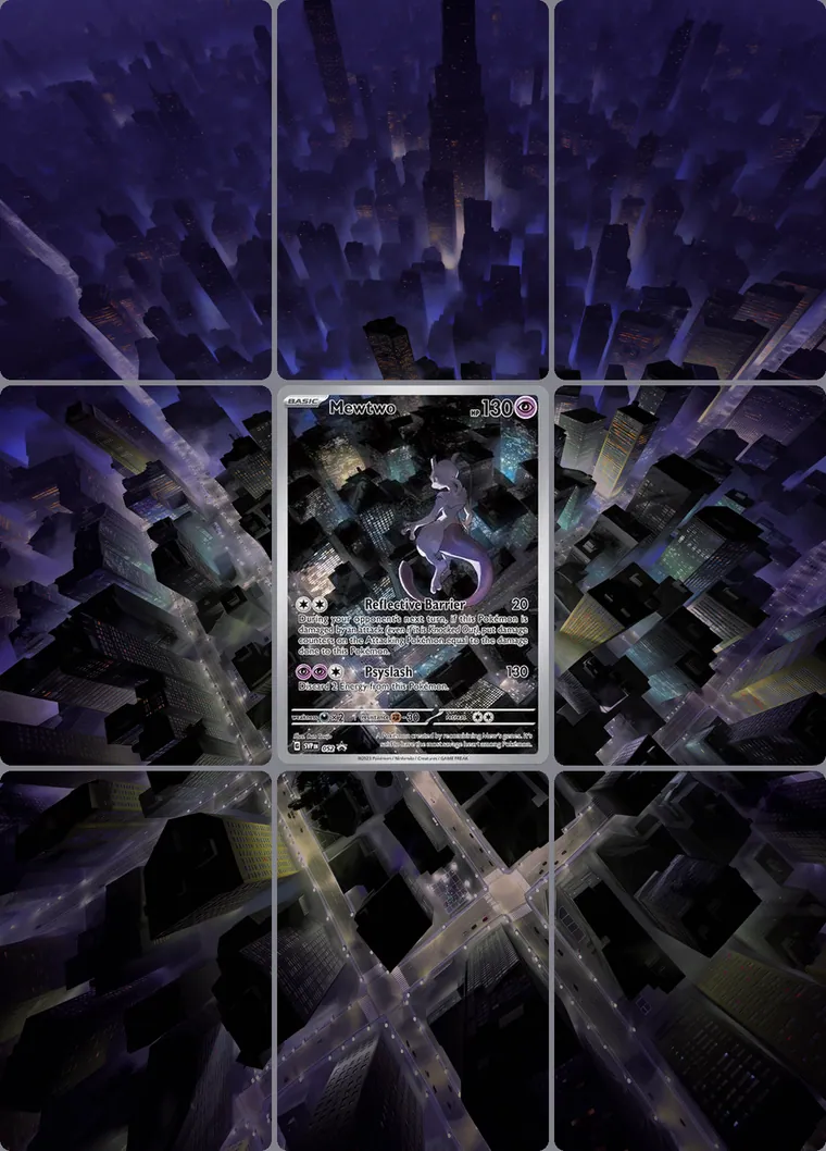Mewtwo 52 extended binder art: the card in the centre of a 3×3 binder page, its artwork continuing across the eight cards around it