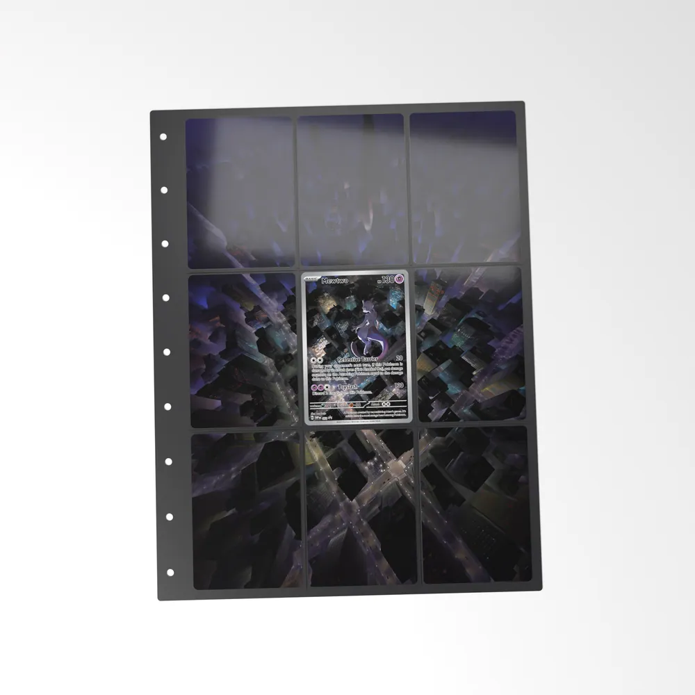 The printed Mewtwo 52 set in a 9-pocket binder page, with the card in the centre pocket