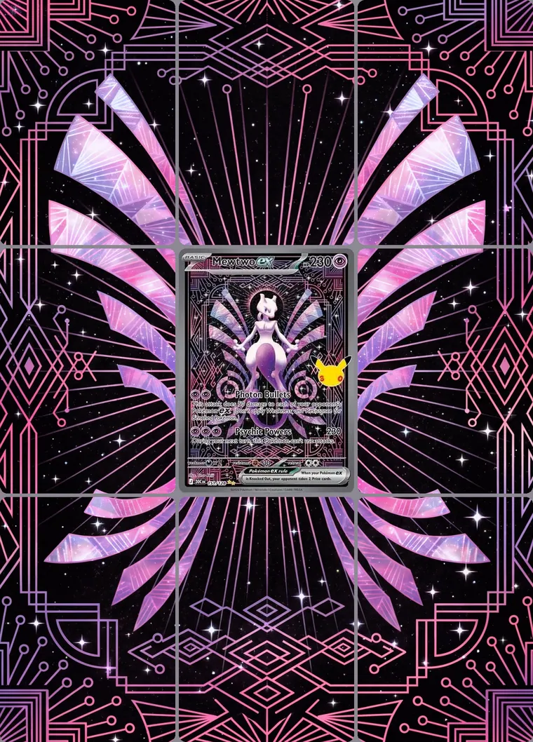 Mewtwo ex 151/128 extended binder art: the card in the centre of a 3×3 binder page, its artwork continuing across the eight cards around it
