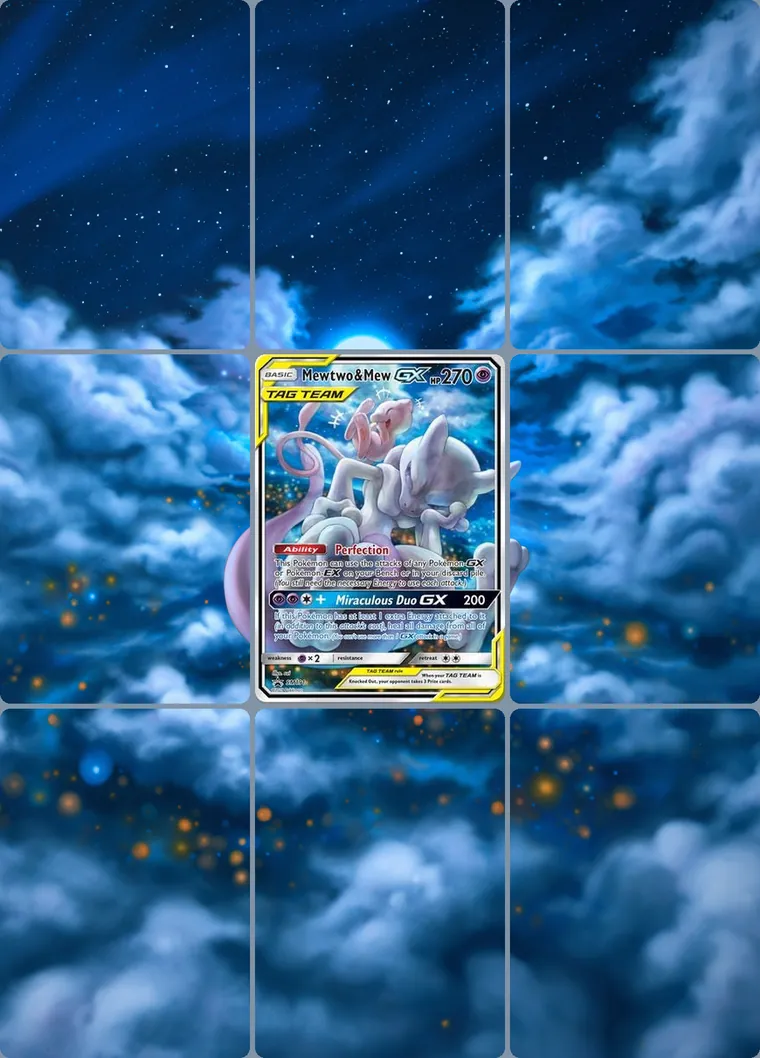 Mewtwo & Mew-GX SM191/SM248 extended binder art: the card in the centre of a 3×3 binder page, its artwork continuing across the eight cards around it