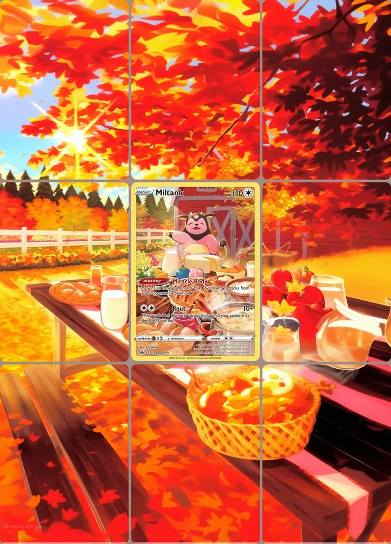Miltank GG24/GG70 extended binder art: the card in the centre of a 3×3 binder page, its artwork continuing across the eight cards around it