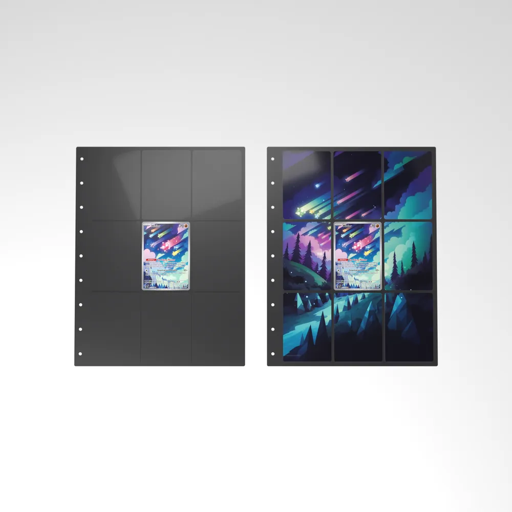 Before and after: the Minior card alone in an empty binder page, then surrounded by its eight extended-art cards