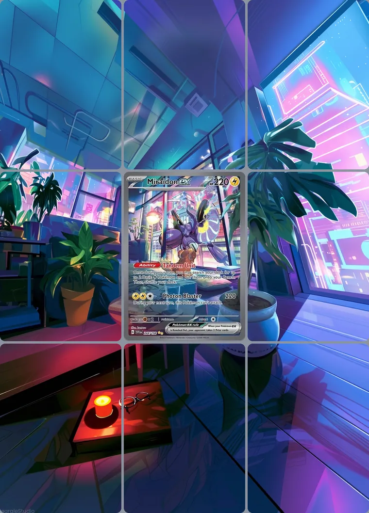 Miraidon ex 244/198 extended binder art: the card in the centre of a 3×3 binder page, its artwork continuing across the eight cards around it