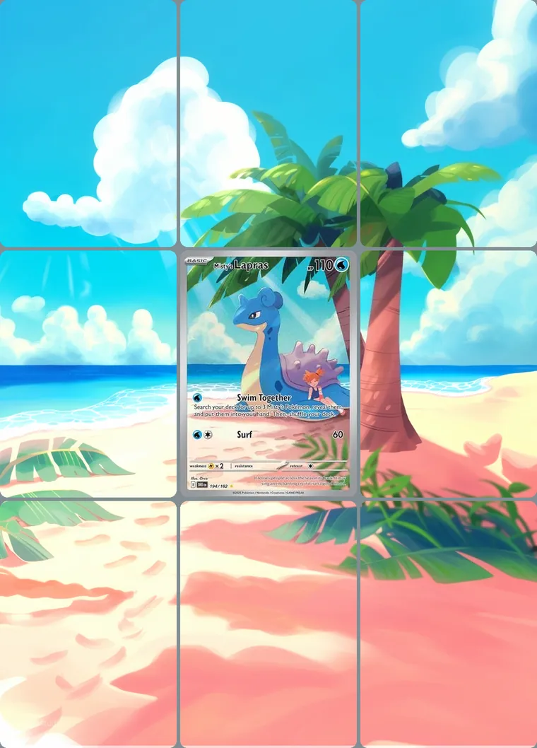 Misty's Lapras 194/182 extended binder art: the card in the centre of a 3×3 binder page, its artwork continuing across the eight cards around it