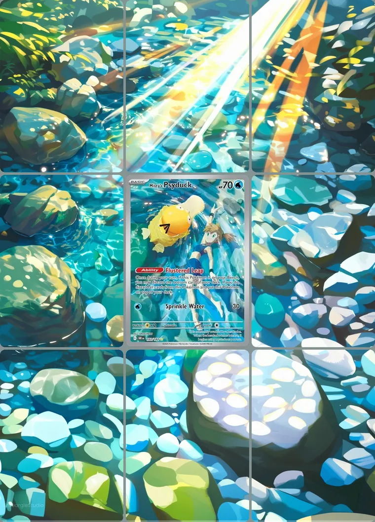 Misty's Psyduck 193/182 extended binder art: the card in the centre of a 3×3 binder page, its artwork continuing across the eight cards around it