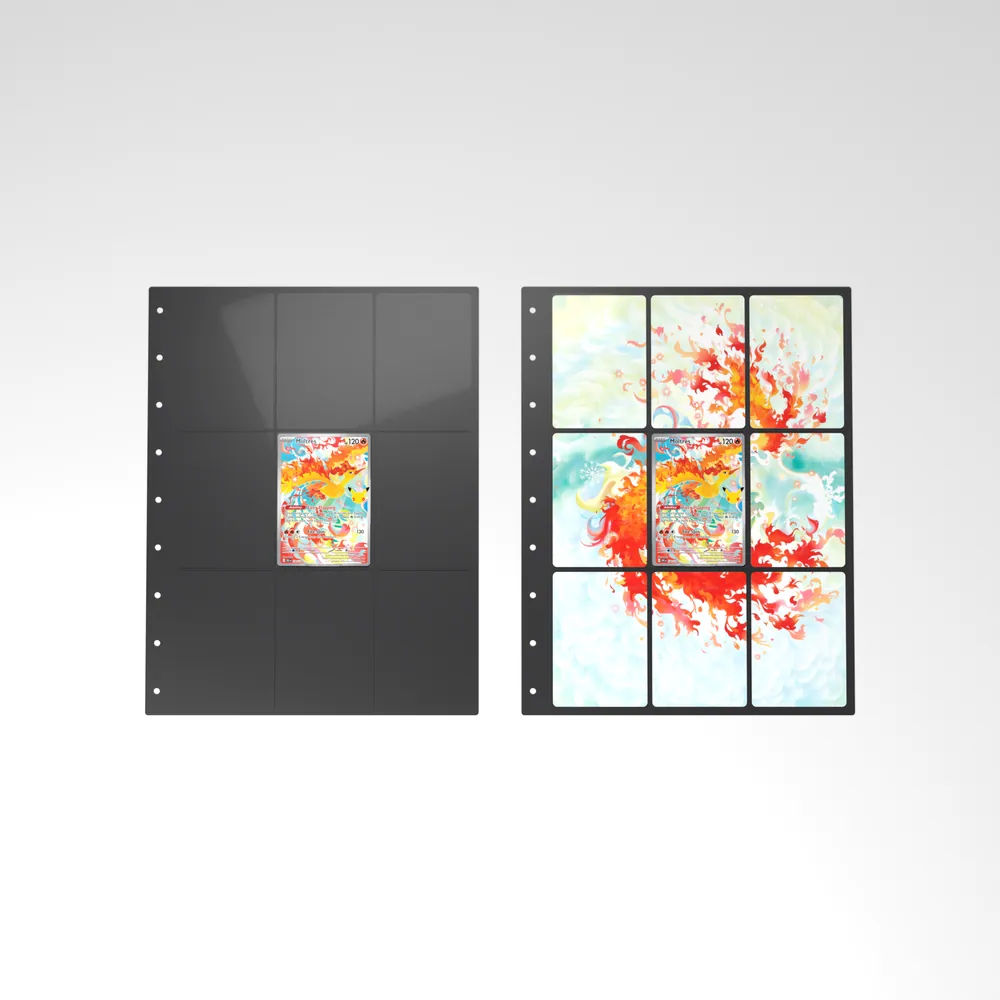 Before and after: the Moltres card alone in an empty binder page, then surrounded by its eight extended-art cards