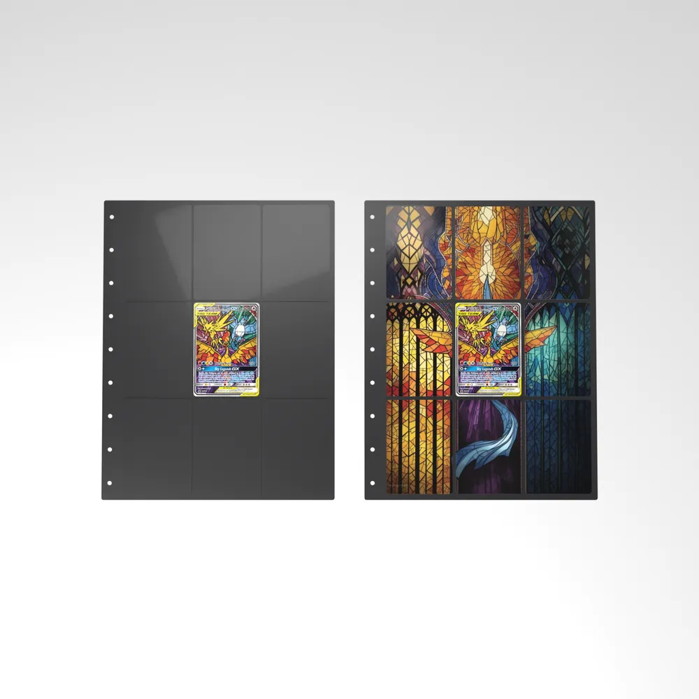 Before and after: the Moltres, Zapdos, Articuno GX card alone in an empty binder page, then surrounded by its eight extended-art cards