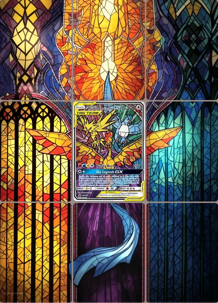Moltres, Zapdos, Articuno GX 210 extended binder art: the card in the centre of a 3×3 binder page, its artwork continuing across the eight cards around it