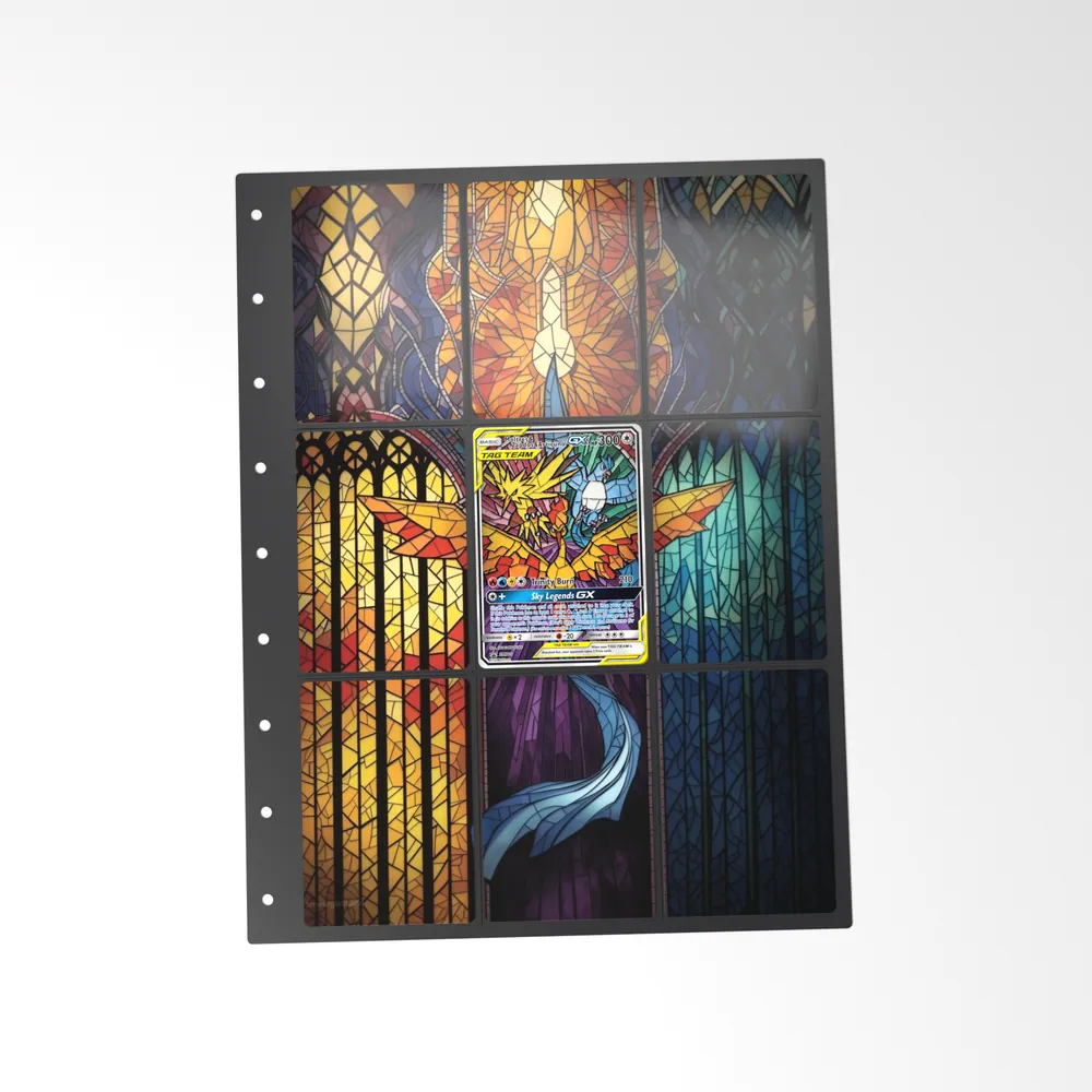 The printed Moltres, Zapdos, Articuno GX 210 set in a 9-pocket binder page, with the card in the centre pocket