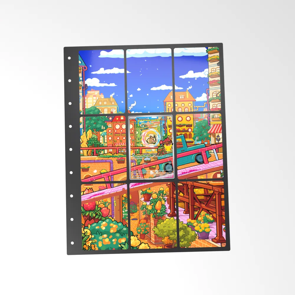The printed Morpeko 135/128 set in a 9-pocket binder page, with the card in the centre pocket