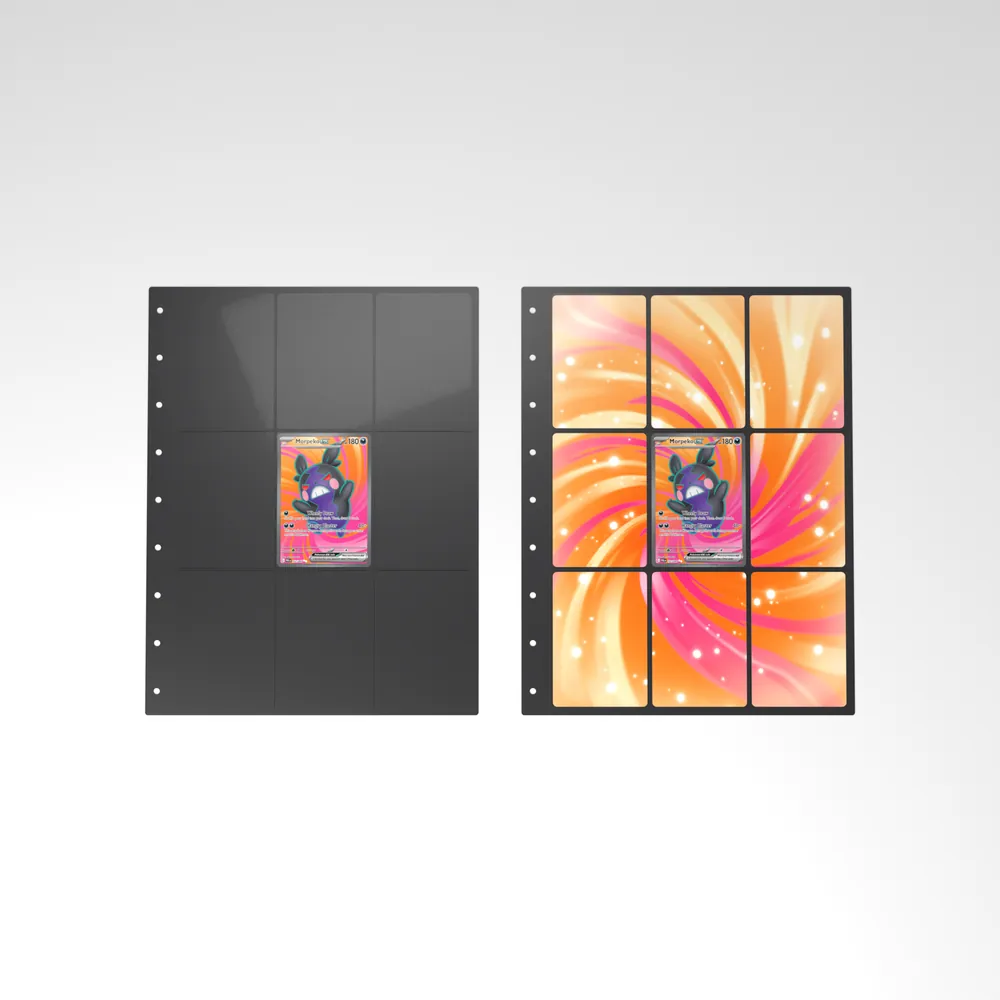 Before and after: the Morpeko ex card alone in an empty binder page, then surrounded by its eight extended-art cards