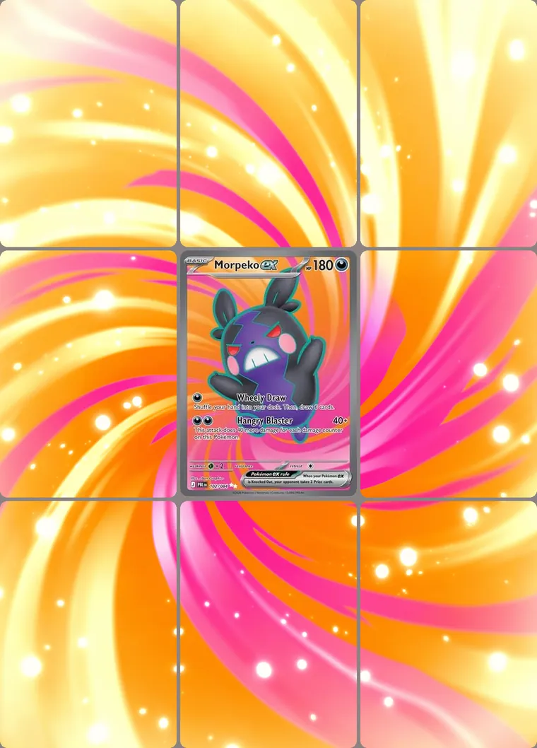 Morpeko ex 102/84 extended binder art: the card in the centre of a 3×3 binder page, its artwork continuing across the eight cards around it