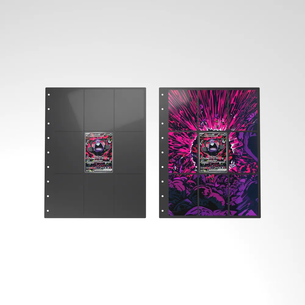 Before and after: the Morpeko ex card alone in an empty binder page, then surrounded by its eight extended-art cards