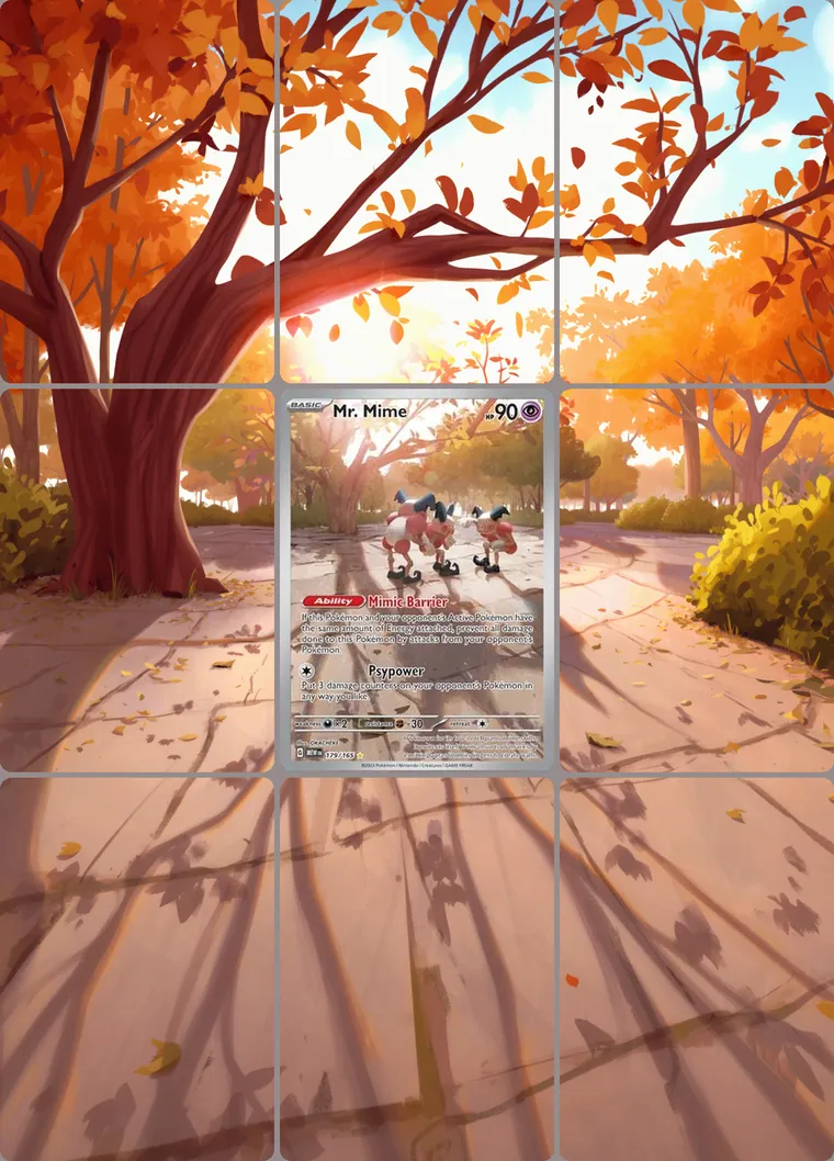 Mr. Mime 179/165 extended binder art: the card in the centre of a 3×3 binder page, its artwork continuing across the eight cards around it