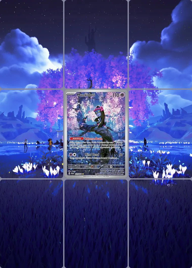 Munkidori 72/64 extended binder art: the card in the centre of a 3×3 binder page, its artwork continuing across the eight cards around it
