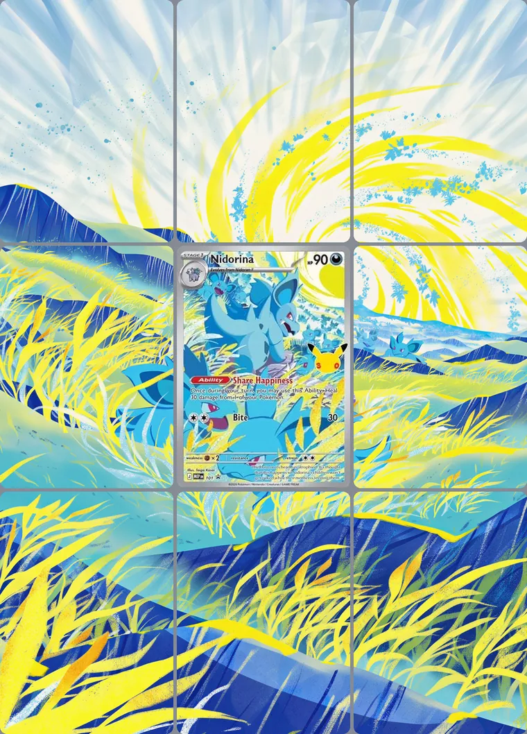 Nidorina 101 extended binder art: the card in the centre of a 3×3 binder page, its artwork continuing across the eight cards around it