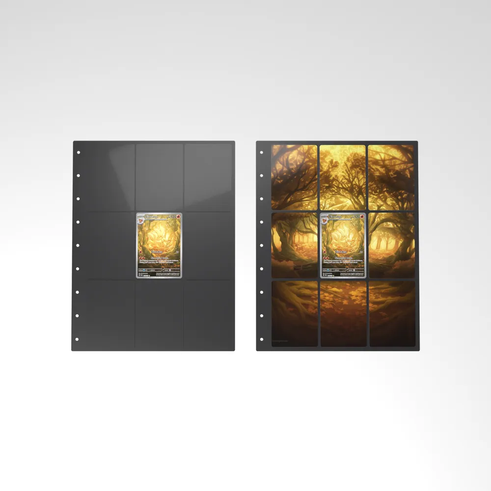 Before and after: the Ninetales card alone in an empty binder page, then surrounded by its eight extended-art cards
