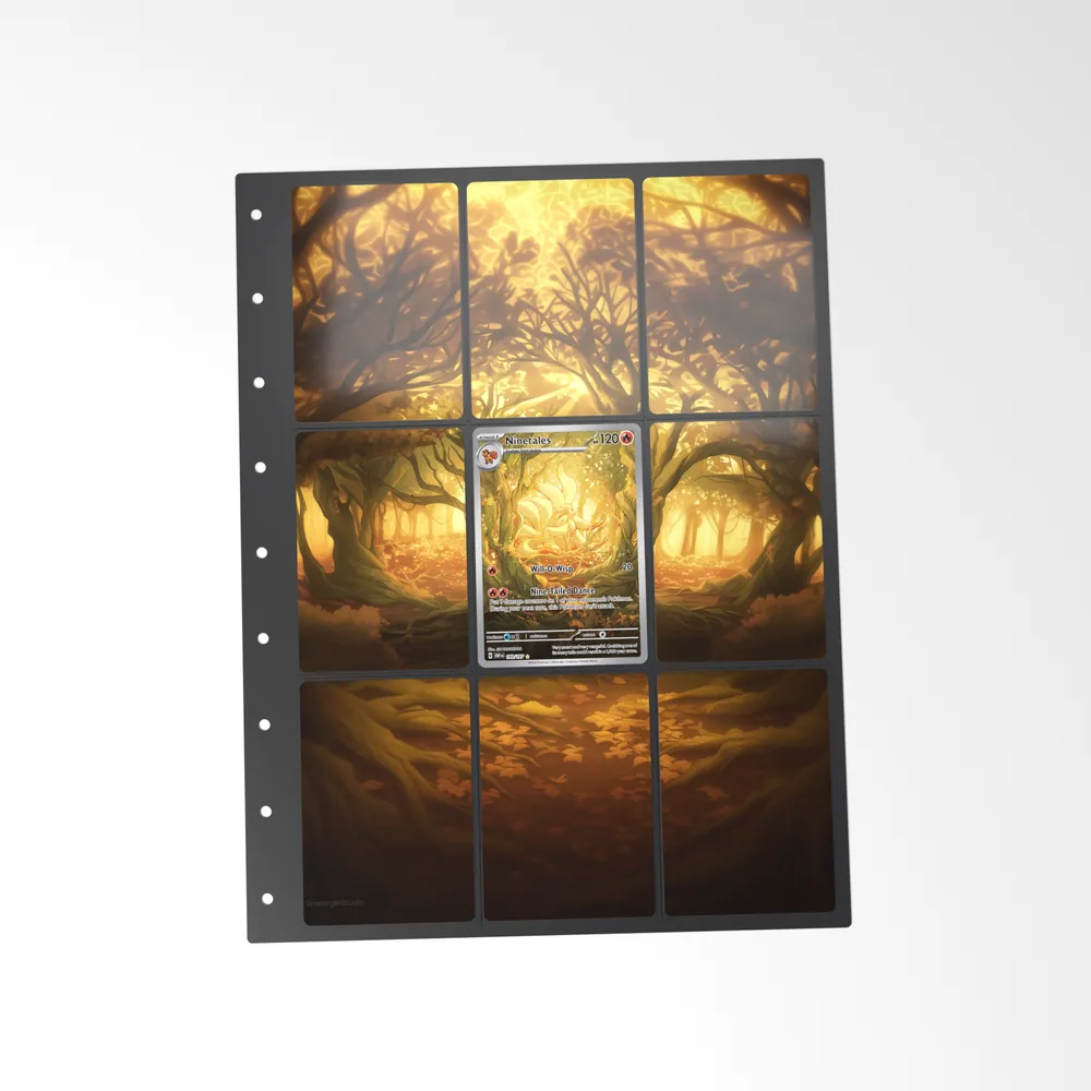The printed Ninetales 199/197 set in a 9-pocket binder page, with the card in the centre pocket