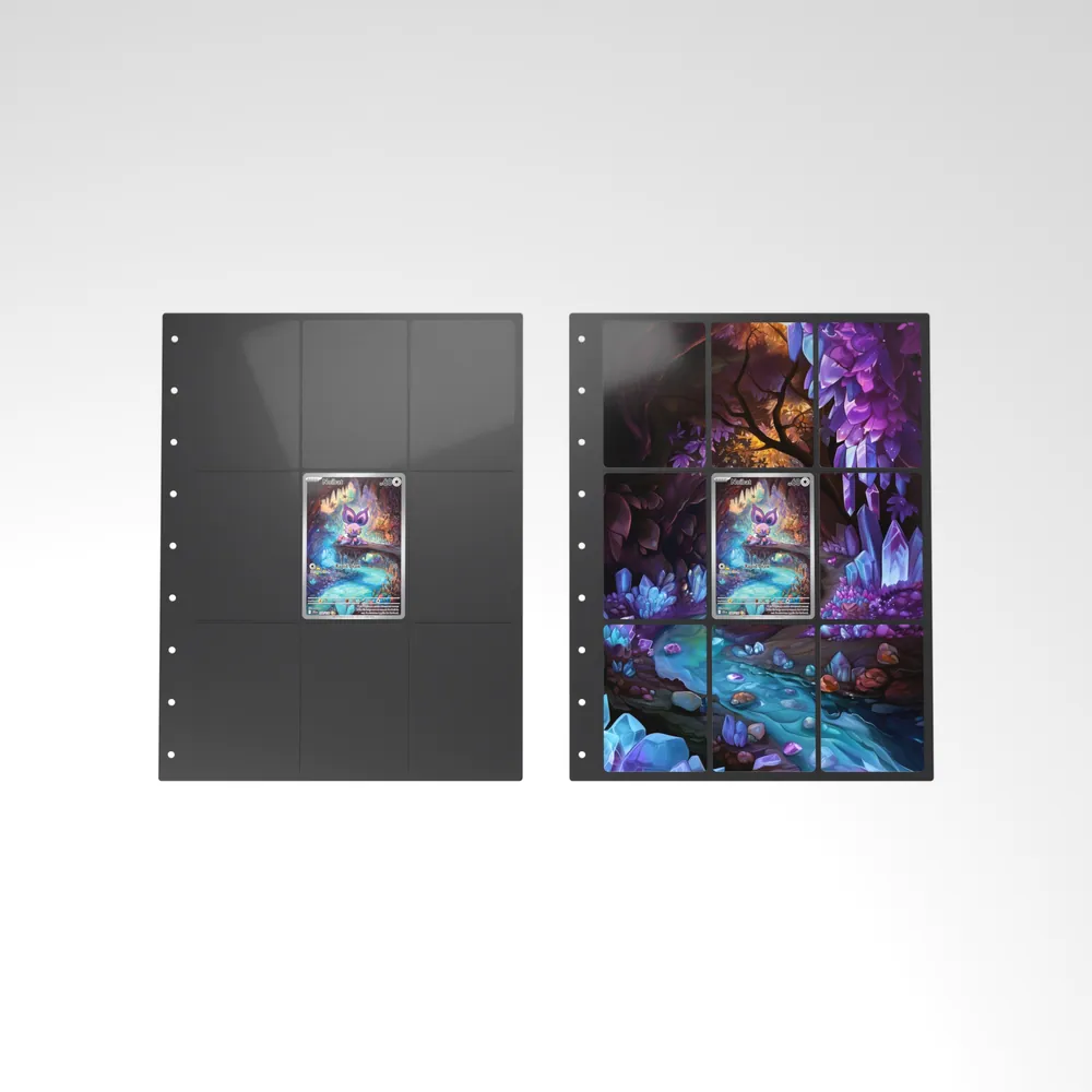 Before and after: the Noibat card alone in an empty binder page, then surrounded by its eight extended-art cards