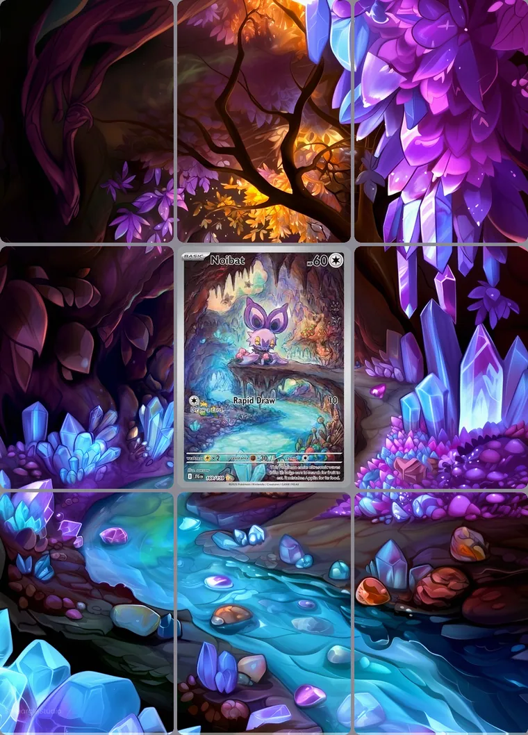 Noibat 169/159 extended binder art: the card in the centre of a 3×3 binder page, its artwork continuing across the eight cards around it