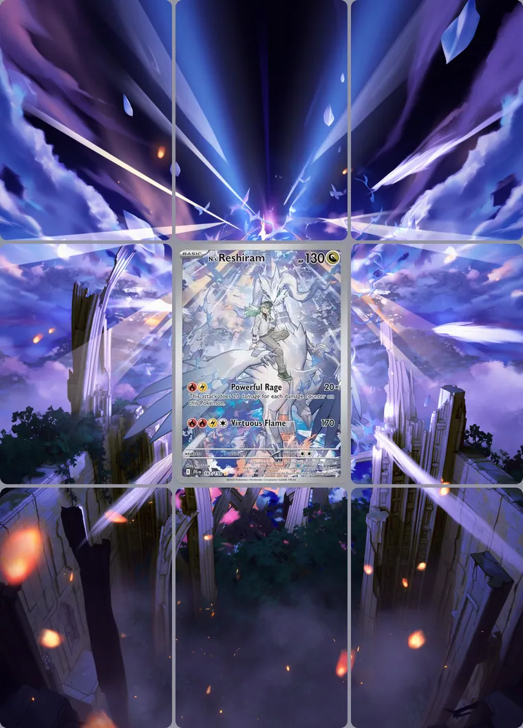 N's Reshiram 167/159 extended binder art: the card in the centre of a 3×3 binder page, its artwork continuing across the eight cards around it