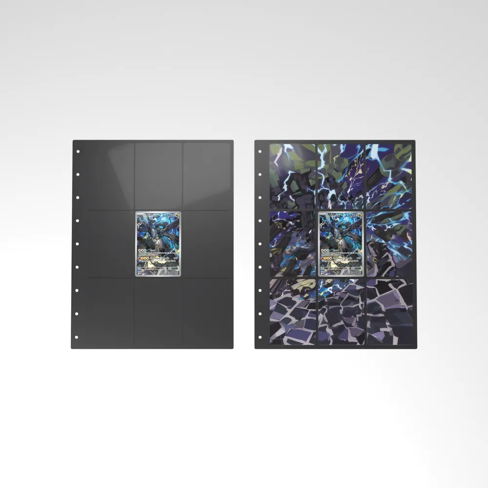 Before and after: the N's Zekrom card alone in an empty binder page, then surrounded by its eight extended-art cards