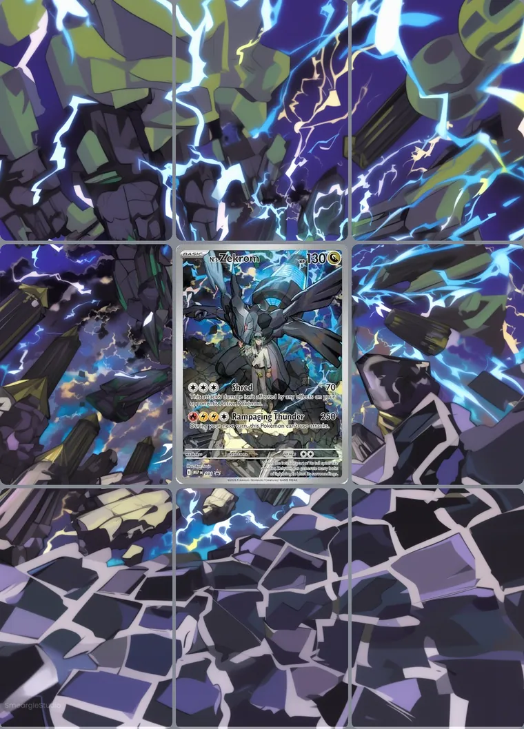 N's Zekrom 31 extended binder art: the card in the centre of a 3×3 binder page, its artwork continuing across the eight cards around it