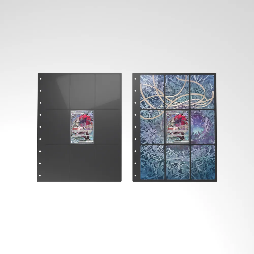 Before and after: the N's Zoroark ex card alone in an empty binder page, then surrounded by its eight extended-art cards