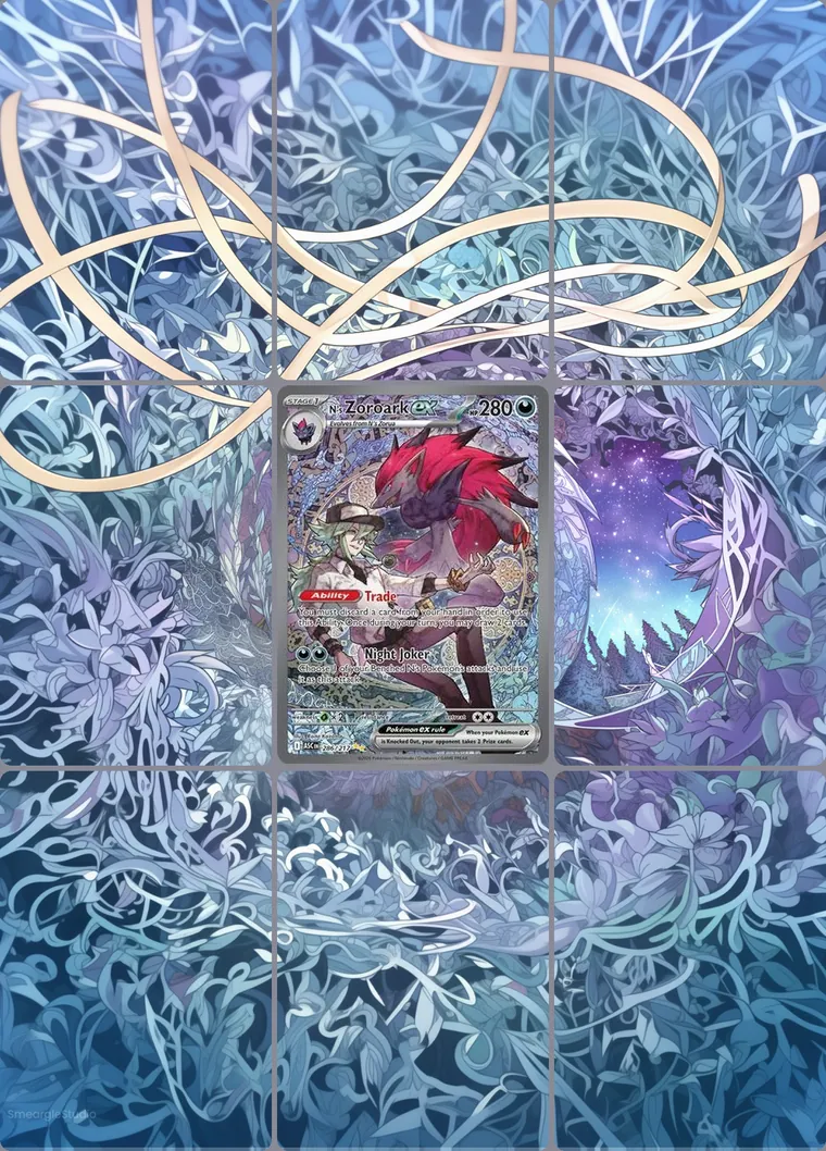 N's Zoroark ex 286/217 extended binder art: the card in the centre of a 3×3 binder page, its artwork continuing across the eight cards around it