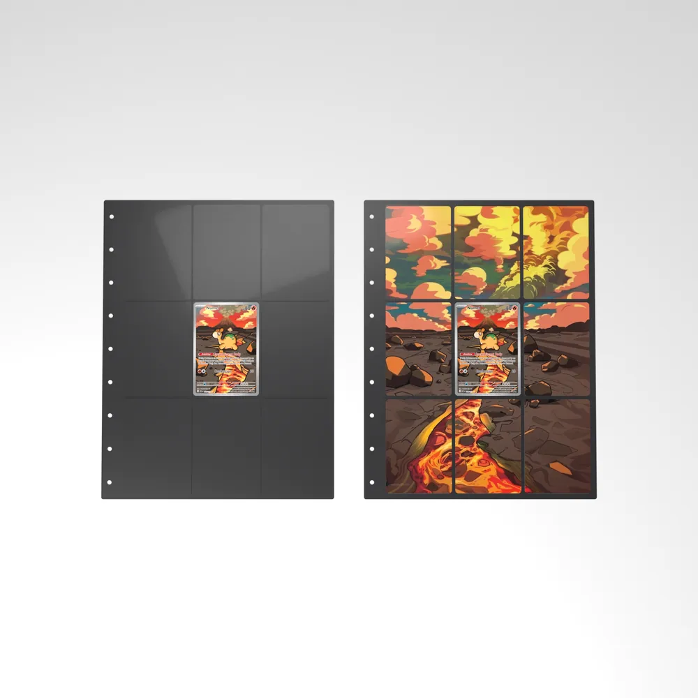 Before and after: the Numel card alone in an empty binder page, then surrounded by its eight extended-art cards
