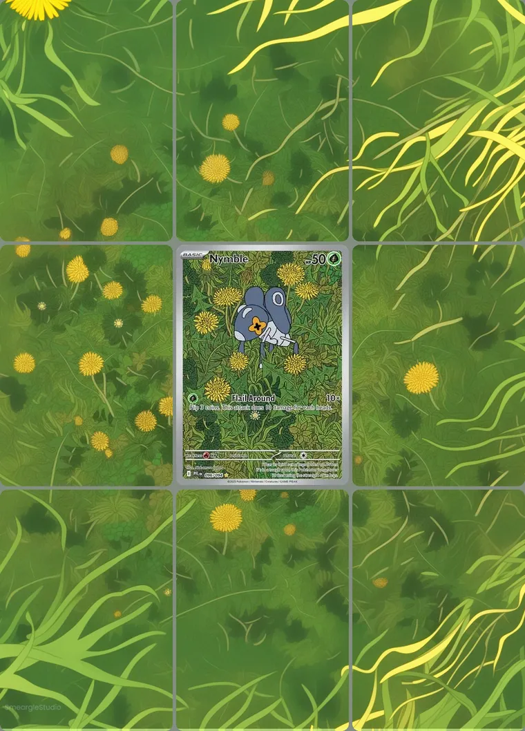 Nymble 96/94 extended binder art: the card in the centre of a 3×3 binder page, its artwork continuing across the eight cards around it