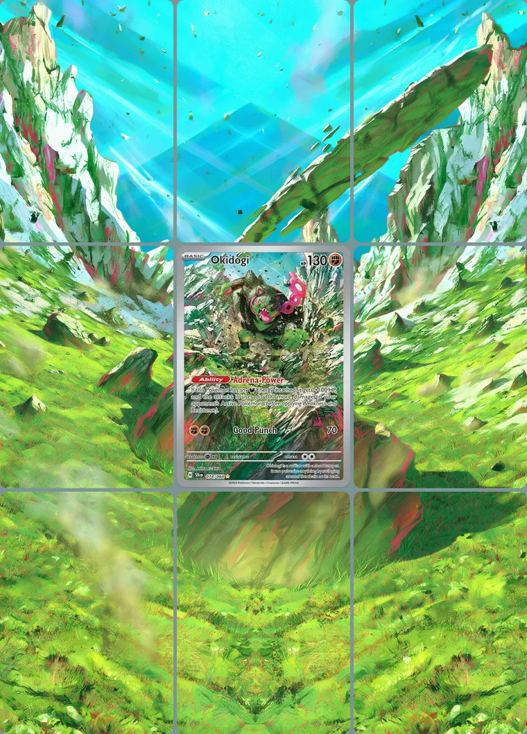 Okidogi 74/64 extended binder art: the card in the centre of a 3×3 binder page, its artwork continuing across the eight cards around it