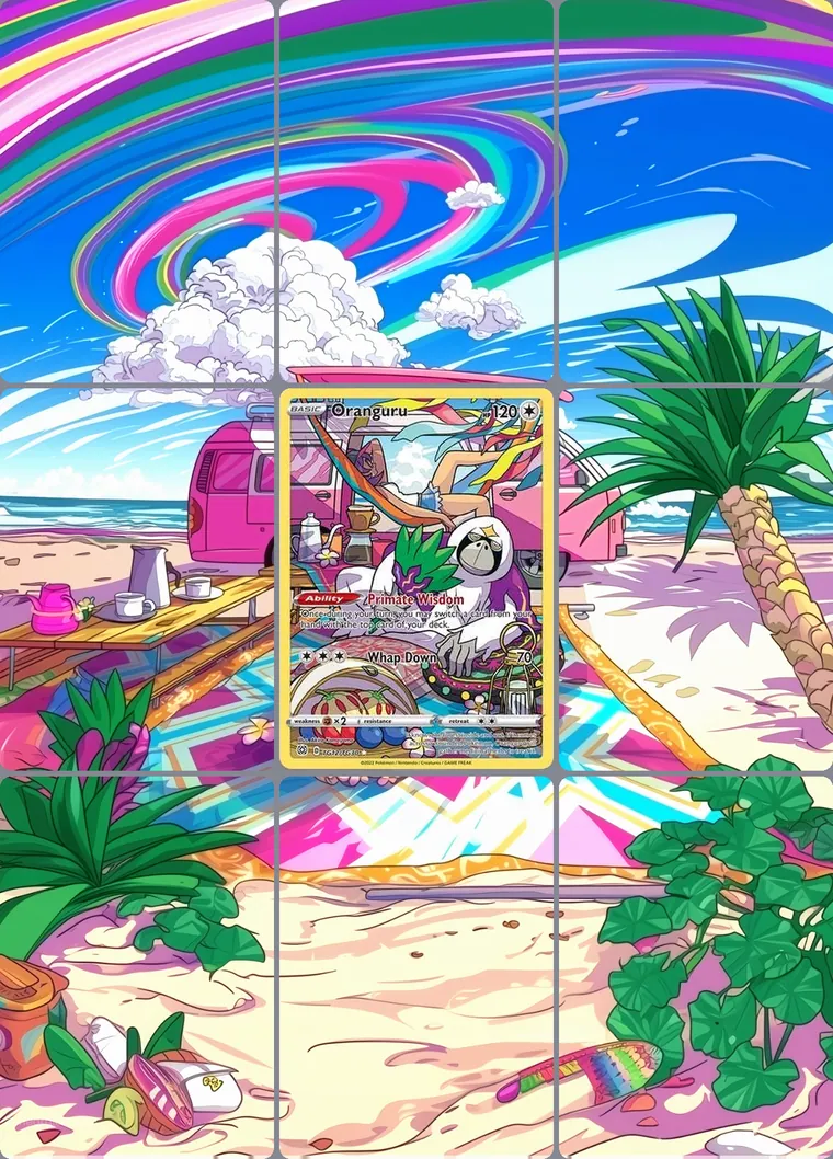 Oranguru TG12/TG3 extended binder art: the card in the centre of a 3×3 binder page, its artwork continuing across the eight cards around it
