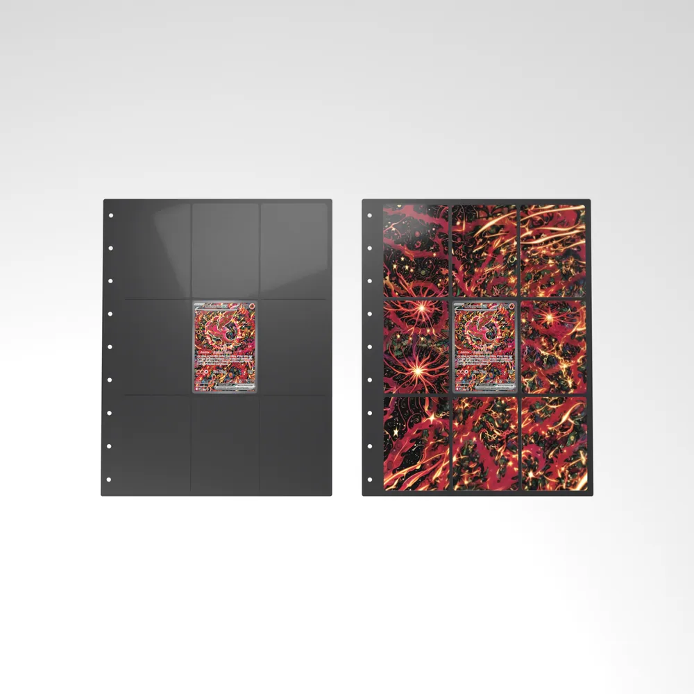 Before and after: the Oricorio ex card alone in an empty binder page, then surrounded by its eight extended-art cards