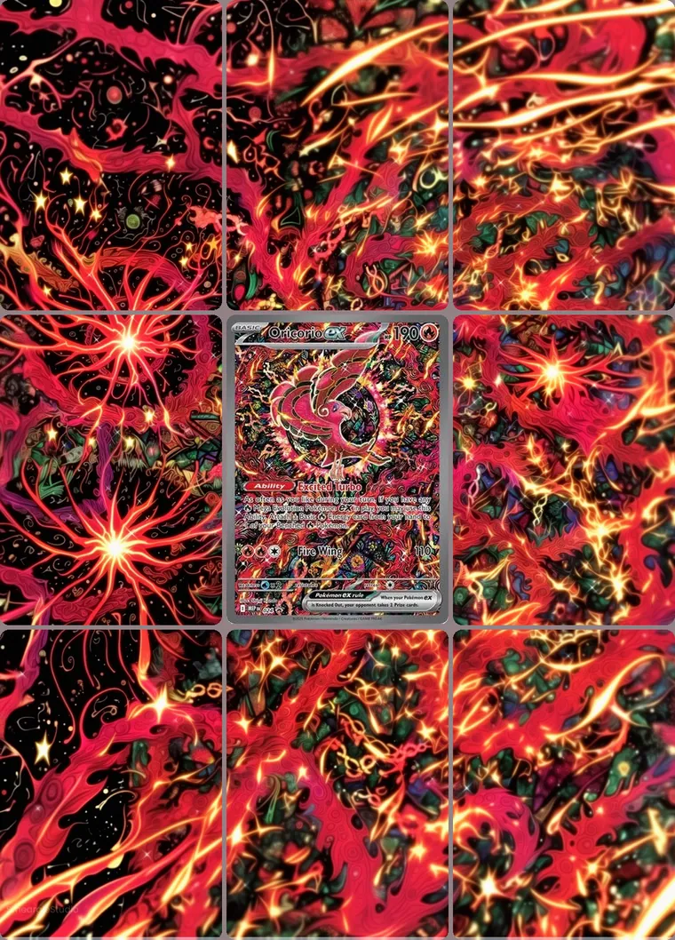 Oricorio ex 24 extended binder art: the card in the centre of a 3×3 binder page, its artwork continuing across the eight cards around it