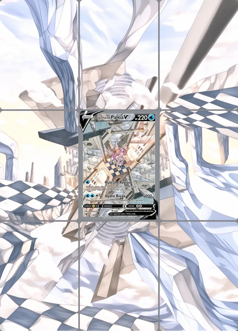 Origin Forme Palkia V 167/189 extended binder art: the card in the centre of a 3×3 binder page, its artwork continuing across the eight cards around it