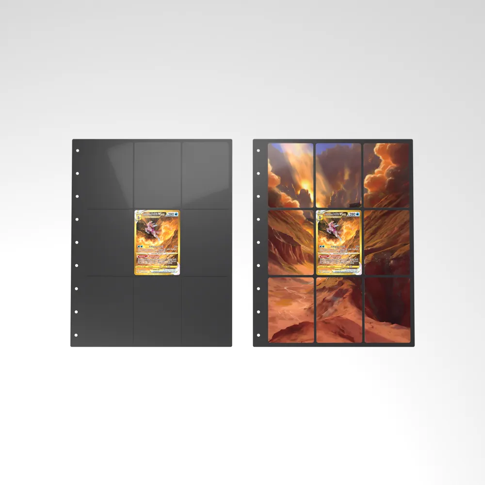 Before and after: the Origin Forme Palkia VSTAR card alone in an empty binder page, then surrounded by its eight extended-art cards