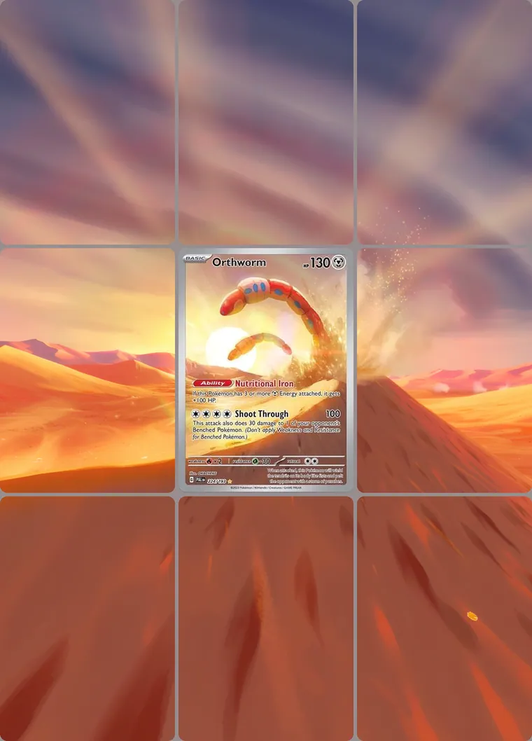 Orthworm 224/193 extended binder art: the card in the centre of a 3×3 binder page, its artwork continuing across the eight cards around it