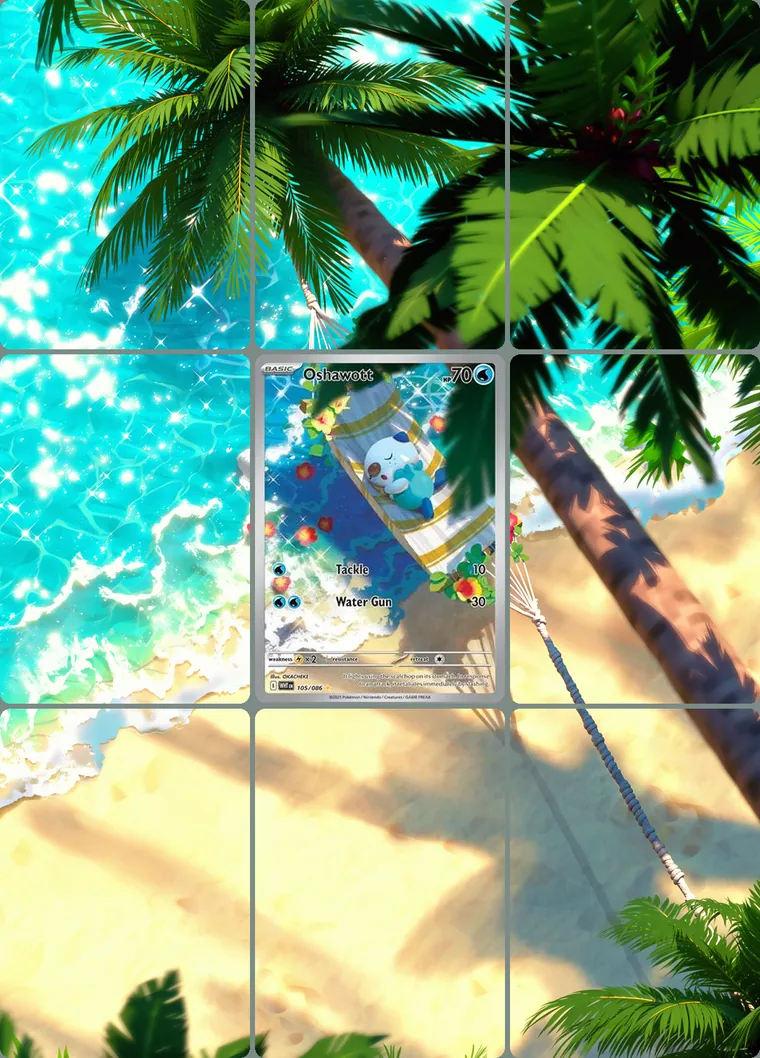 Oshawott 105/86 extended binder art: the card in the centre of a 3×3 binder page, its artwork continuing across the eight cards around it