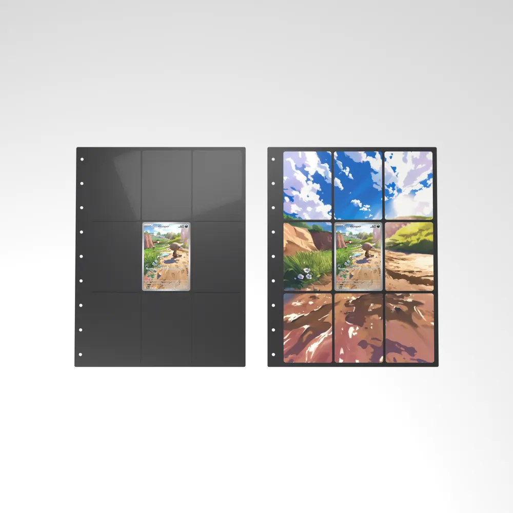 Before and after: the Paldean Wooper card alone in an empty binder page, then surrounded by its eight extended-art cards