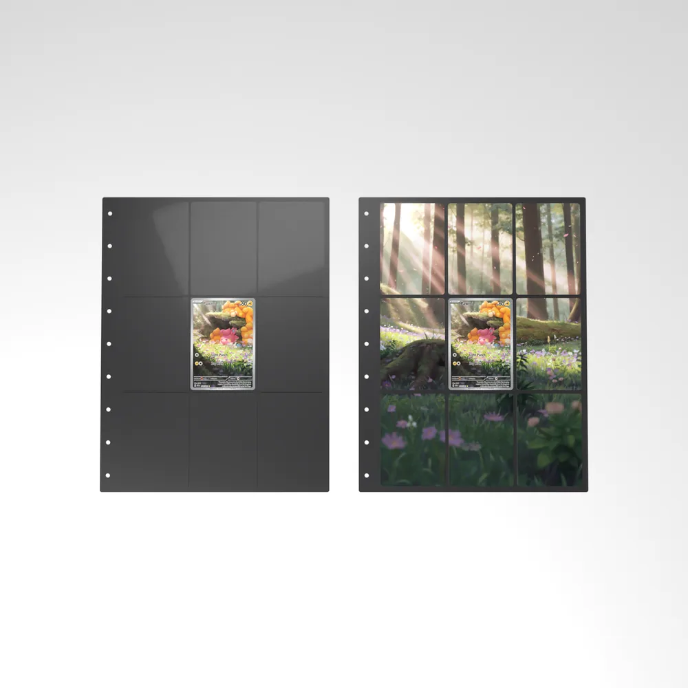 Before and after: the Pawmi card alone in an empty binder page, then surrounded by its eight extended-art cards