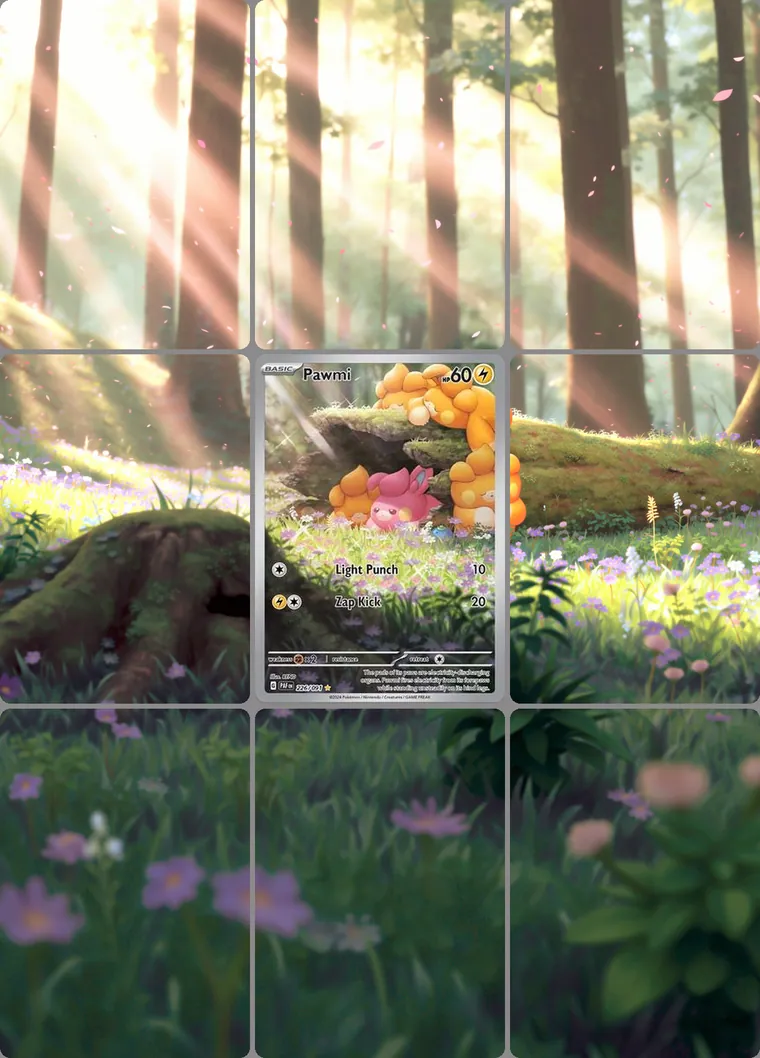 Pawmi 226 extended binder art: the card in the centre of a 3×3 binder page, its artwork continuing across the eight cards around it