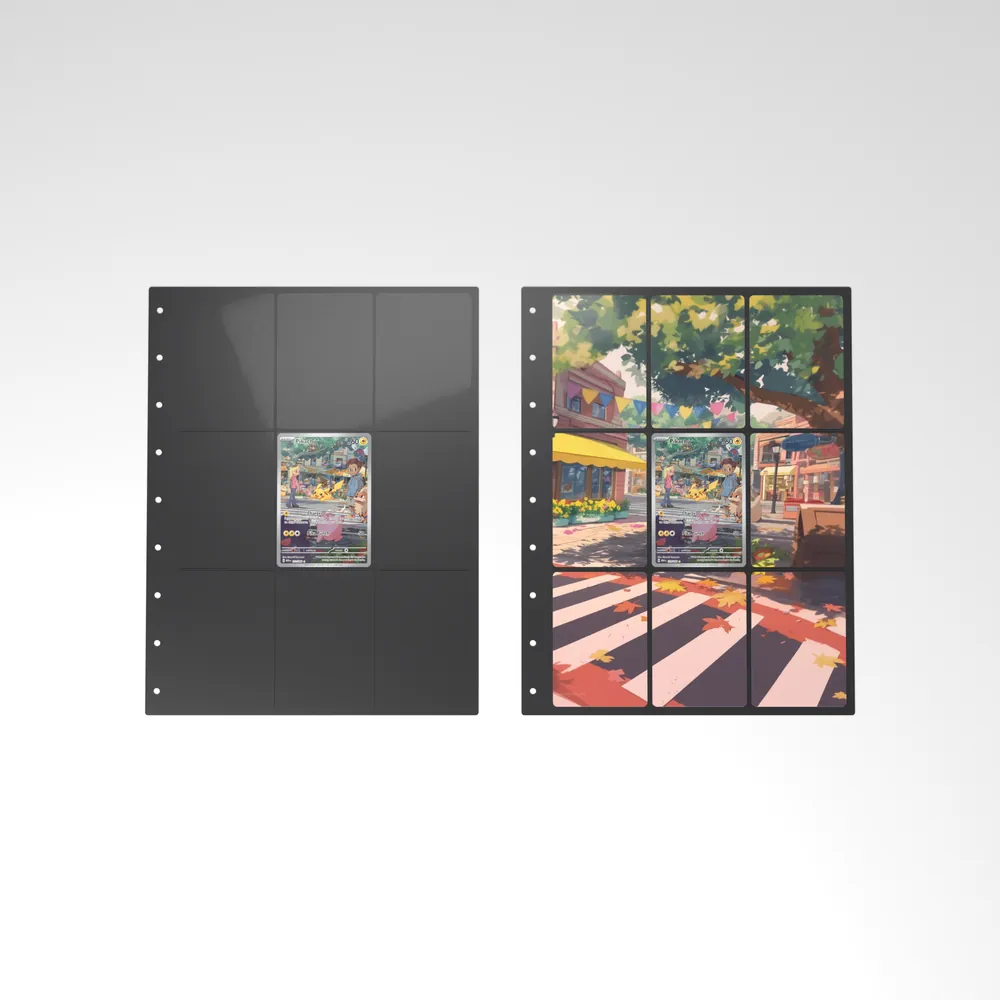 Before and after: the Pikachu card alone in an empty binder page, then surrounded by its eight extended-art cards