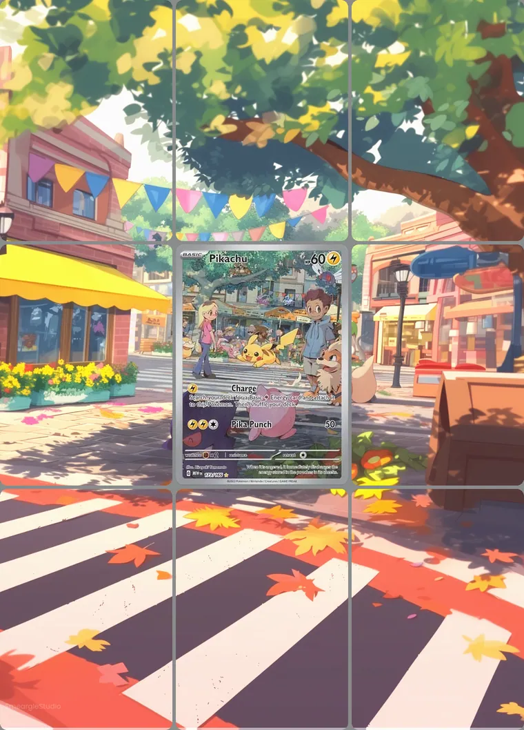 Pikachu 173/165 extended binder art: the card in the centre of a 3×3 binder page, its artwork continuing across the eight cards around it