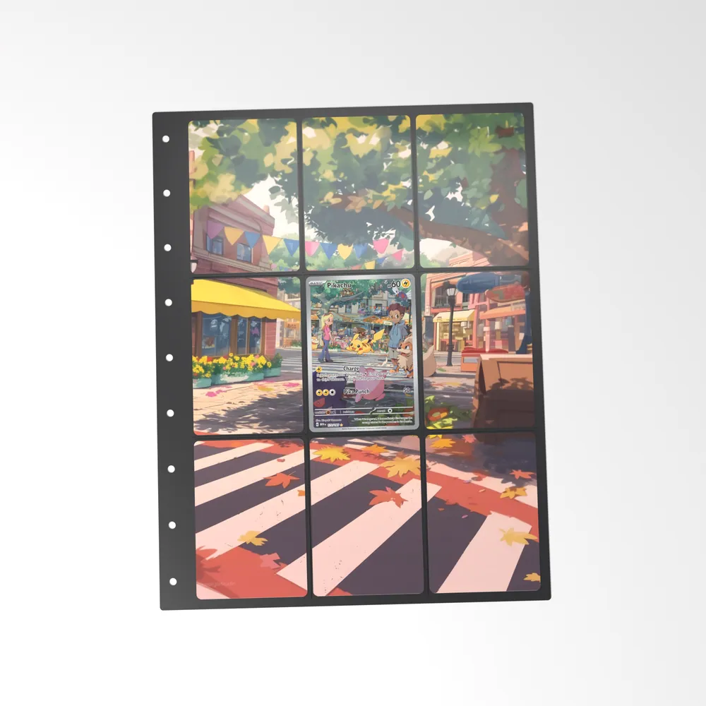 The printed Pikachu 173/165 set in a 9-pocket binder page, with the card in the centre pocket