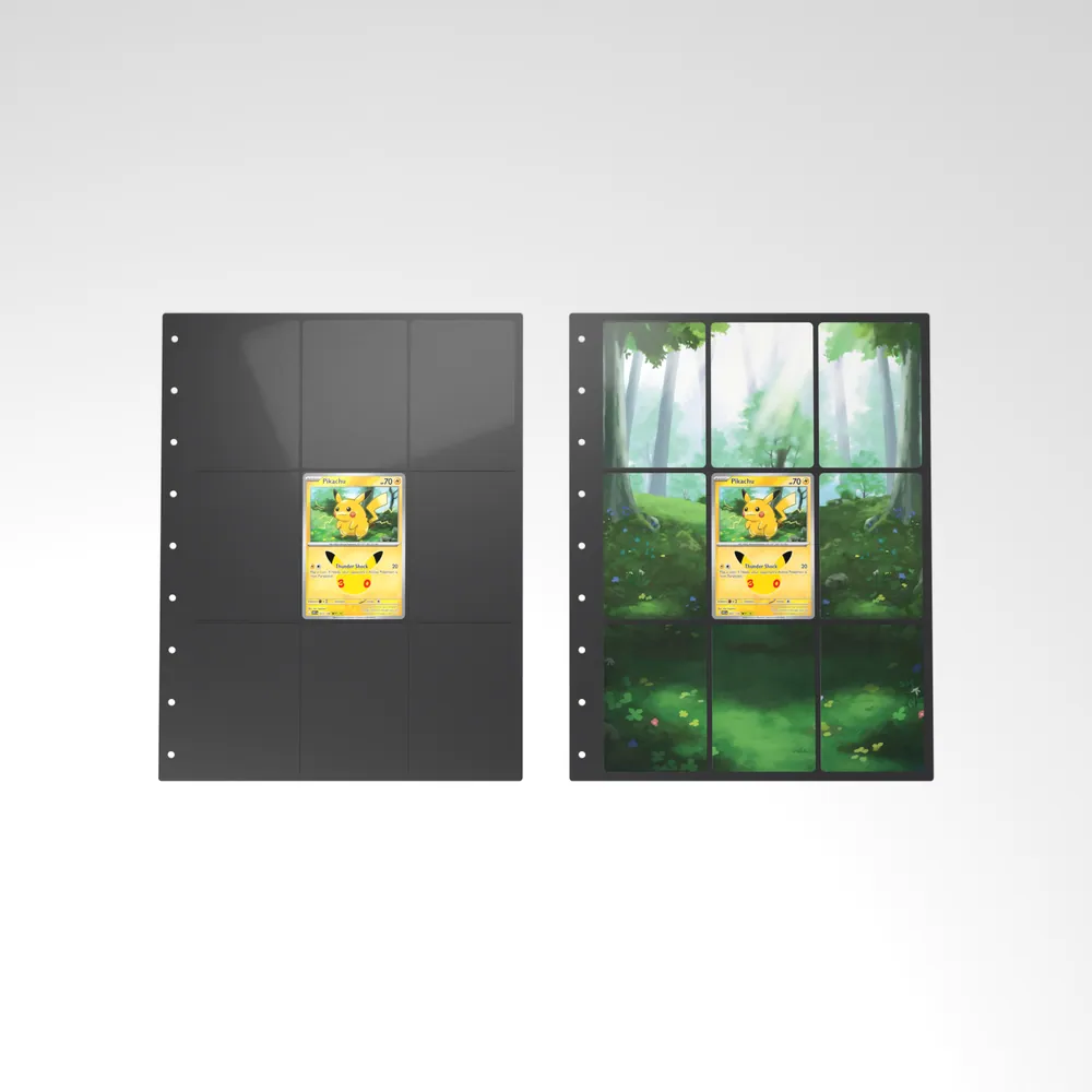 Before and after: the Pikachu card alone in an empty binder page, then surrounded by its eight extended-art cards