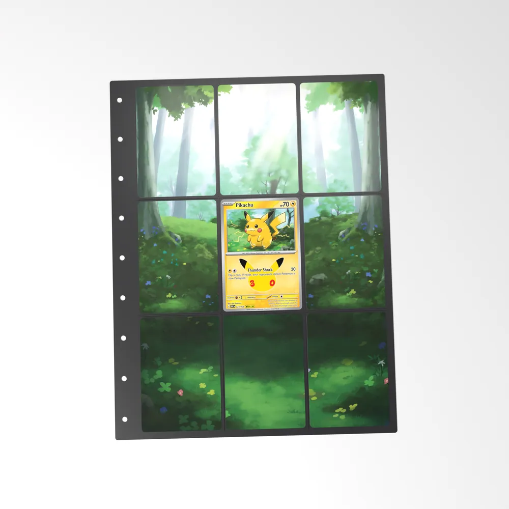 The printed Pikachu 23/128 set in a 9-pocket binder page, with the card in the centre pocket
