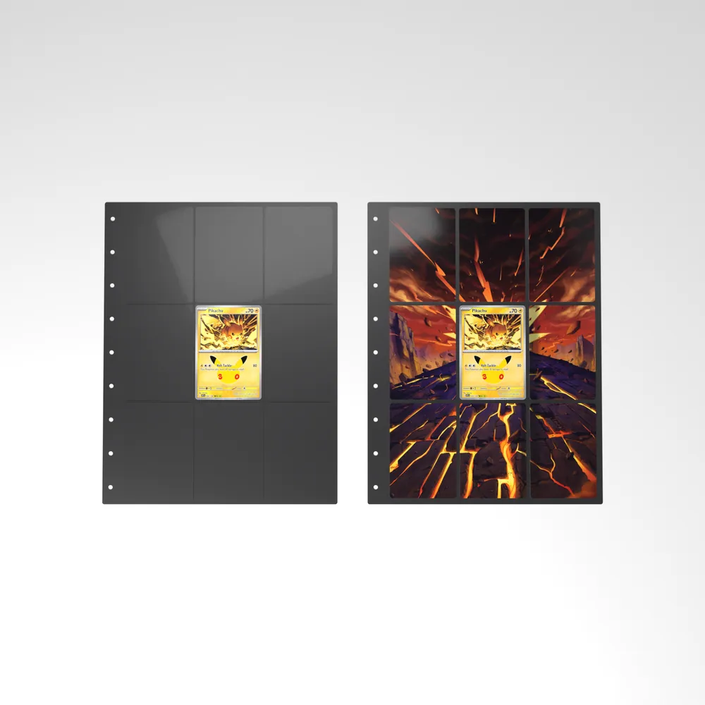 Before and after: the Pikachu card alone in an empty binder page, then surrounded by its eight extended-art cards